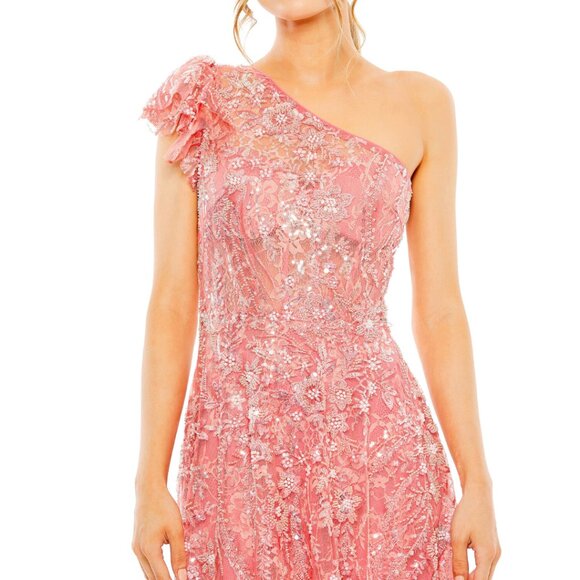 Mac Duggal 68512 Size 16 Coral Floral Beaded One Shoulder Long Maxi Gown‎ Dress - Picture 2 of 5